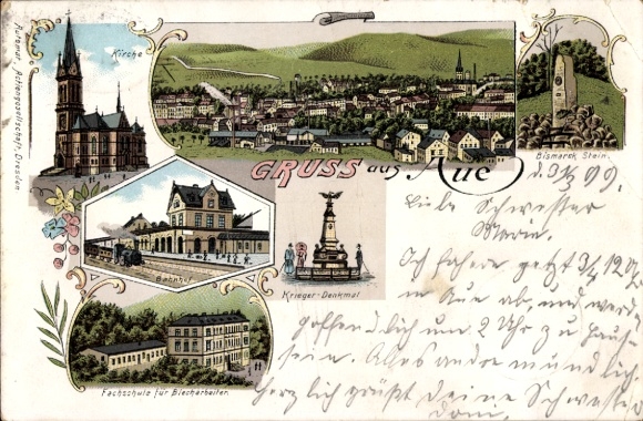 Litho Aue im Erzgebirge Sachsen, Bismarck Stein, Kirche, Kriegerdenkmal,Fachschule für Blecharbeiter