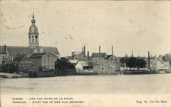 Ak Tamise Temse Temsche Oost-Vlaanderen, TAMISE, rivierzicht, dam, gebouw, kerk, industrie