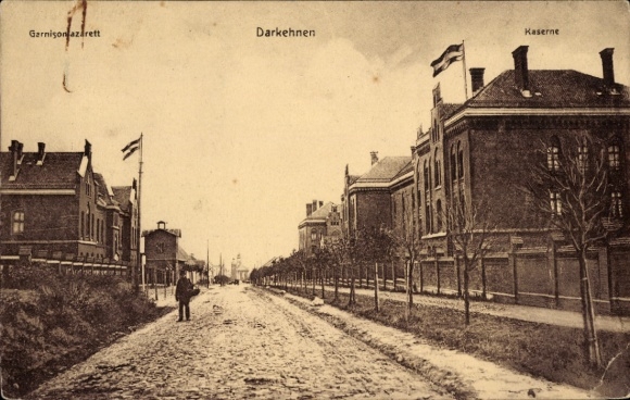 Postcard Osjorsk Darkehmen East Prussia, garrison hospital, barracks