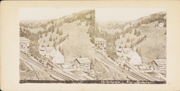 Stereo photo Rigi Klösterli Arth Canton Schwyz, total view, railway tracks