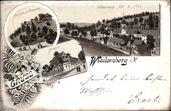 Chromo-Litho Wiedersberg Triebel Vogtland, inn, castle ruins, view of the town