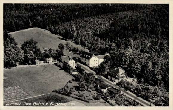 Postcard Juchhöh Tirpersdorf in the Vogtland, aerial photograph, inn
