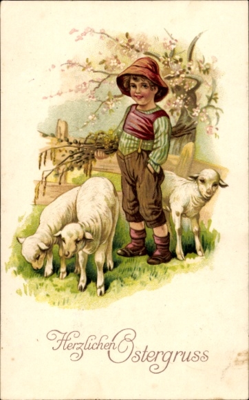 Chromo-Litho Congratulations Easter, boy, lambs