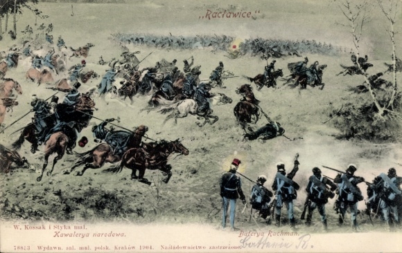 Postcard Racławice, W. Kossak i Styka, National Cavalry, Battery Rachman