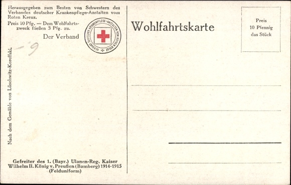 Kunstenaarskaart Lüschwitz Koreffski, Ulan in uniform, privé 1. Bayr. Ulanen Regt Kaiser Wilhelm II