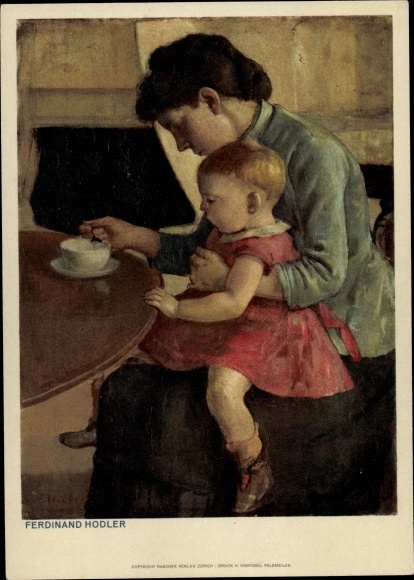 Kunstenaar ansichtkaart Hodler, Ferdinand, vrouw voedt kind op schoot met soep