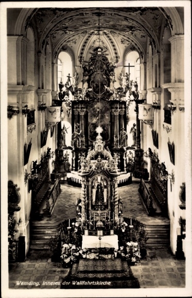 Postcard Wemding in Swabia, interior of the pilgrimage church, religious art, altar, sculptures