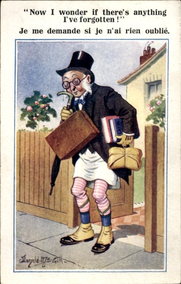 Artist Postcard McGill, Donald, Older gentleman in underpants, top hat, umbrella