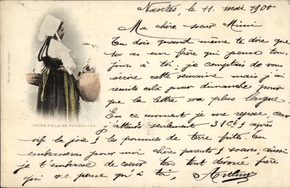 Postcard Fouesnant Finistère, Young Girl
