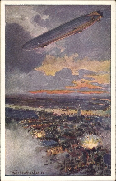 Kunstenaarskaart van hoekbrekers, Themistokles, zeppelin boven Antwerpen, veldslag, I. WW