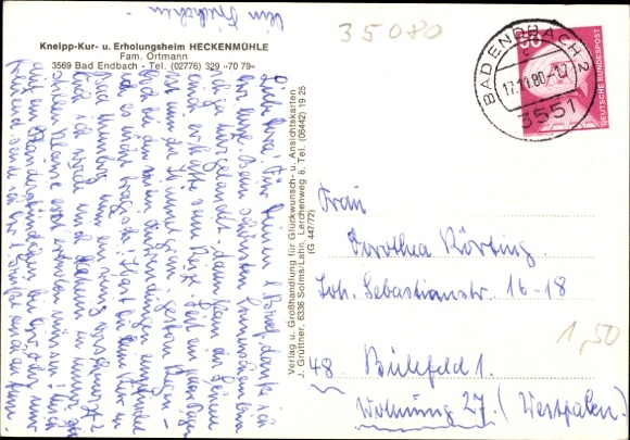 Postcard Bad Endbach in Hessen, Heckenmühle recreation home