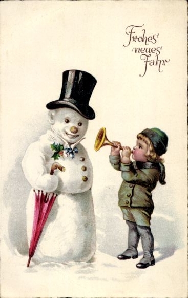 Postcard Happy New Year, snowman, boy