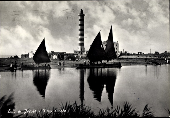 Postcard Lido di Jesolo Veneto, lighthouse and sails