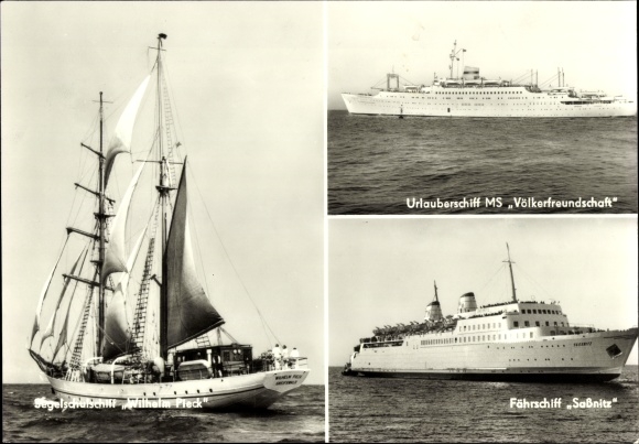 Postcard sail training ship Wilhelm Pieck, holiday ship GTMS Fritz Heckert, ferry Sassnitz