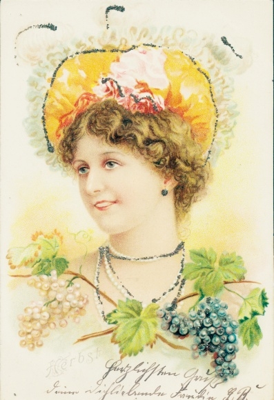 Glitter litho autumn, portrait of a woman, grapes, pearl necklace