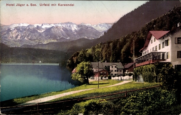 Postcard Urfeld Kochel am See Upper Bavaria, Hotel Jäger am See, Karwendel, Mountains