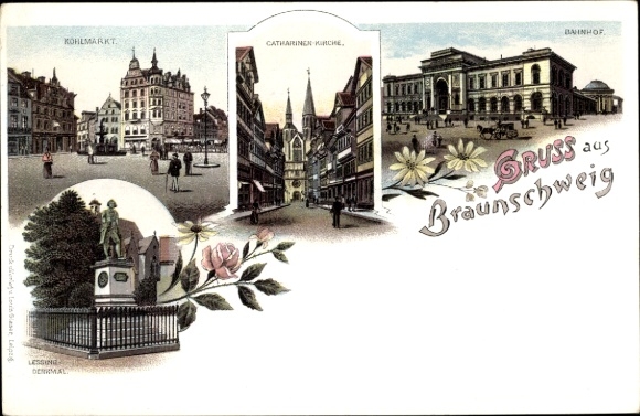 Chromo-Litho Braunschweig in Lower Saxony, church, market, train station, Lessing monument