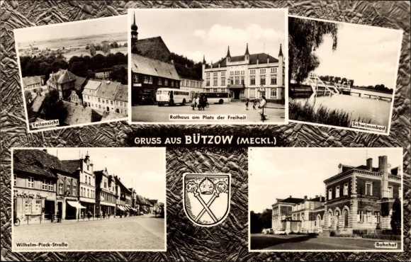 Postcard Bützow in Mecklenburg, Coat of Arms, City Hall, Freedom Square, Wilhelm Pieck Street, Train Station