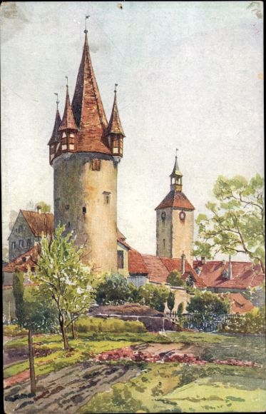 Artist PC Marschall, J., Lindau in Lake Constance, The Diebsturm, gardens