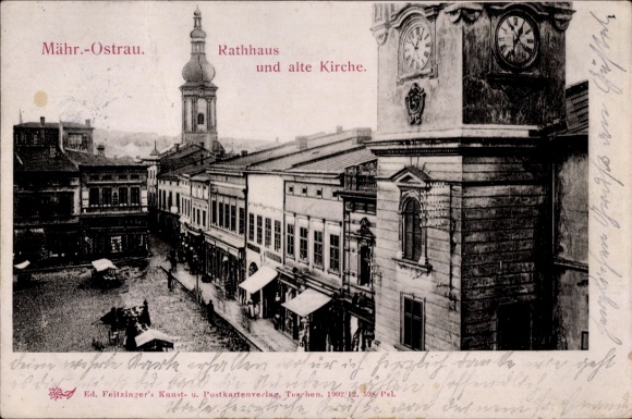 Ak Moravská Ostrava Moravische regio Ostrava Moravië-Silezië, stadhuis en oude kerk