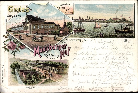 Chromo-Litho Hamburg Harburg Moorburg, Moorburger Hof, sailing party, way to the Haake