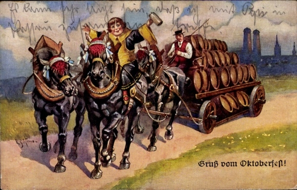 Artist Postcard Schlemo, E., Oktoberfest, Münchner Kindl, beer wagon, horses, Mathäserbräu