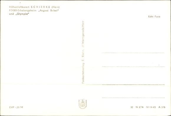 Postcard Schierke Wernigerode am Harz, FDGB convalescent home August Bebel