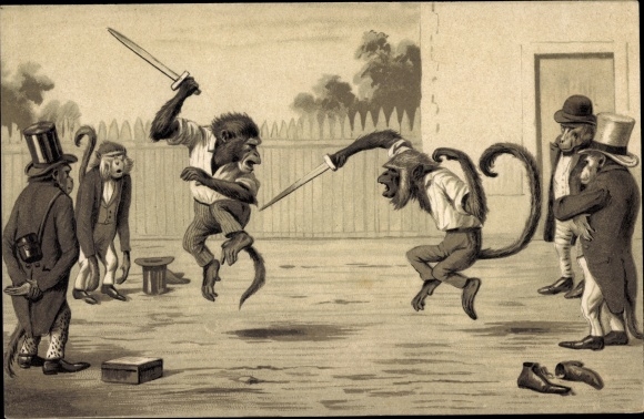 Shape Postcard baboons as swordsmen, tails, top hats, humanized monkeys
