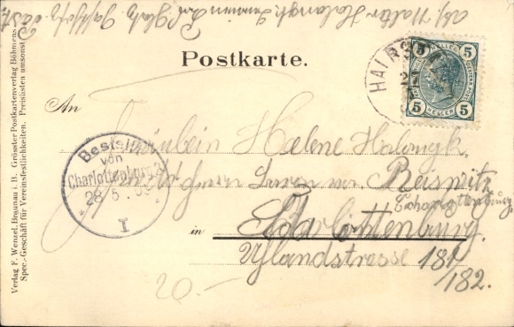 Chromo-Litho Meziměstí Halbstadt Region Königgrätz, railway station, spinning mill, castle, railway officials' apartments