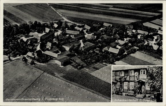 Postcard Gardessen near Cremlingen Lower Saxony, aerial photograph, Schankwirtschaft zur Post, E. Goes