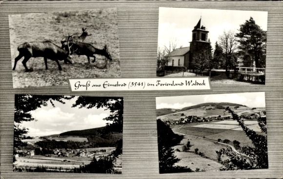Postcard Eimelrod Willingen Upland Waldeck, deer, church, panorama