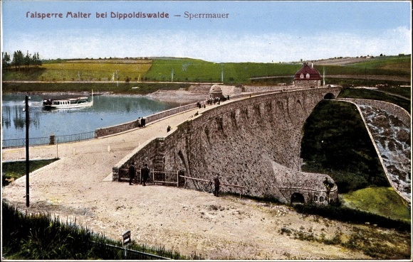 Postcard Malter Dippoldiswalde in the Eastern Ore Mountains, view of the dam, barrier wall