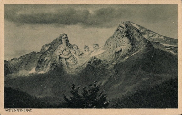 Artist Postcard Berchtesgaden in Upper Bavaria, Watzmann legend, mountain faces