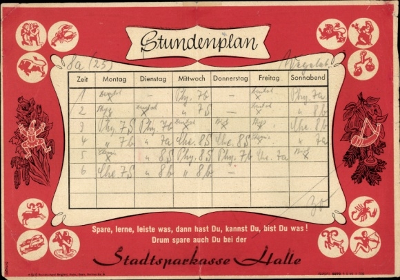 Timetable DDR Sparkasse Leipzig, the small multiplication tables, zodiac signs around 1970