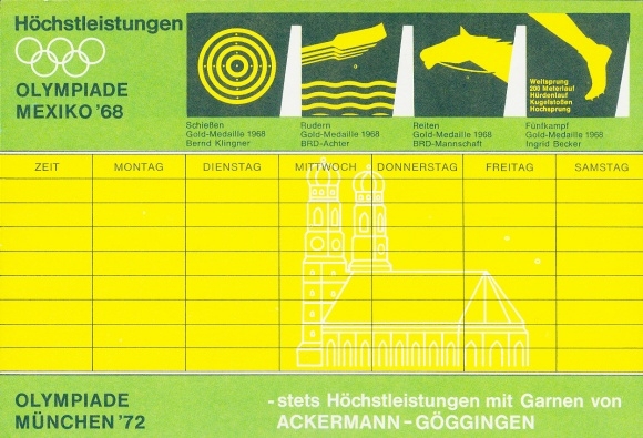 Timetable Advertising, Ackermann - Görringen, Yarns, Olympics Mexico `68, Olympics Munich ´72