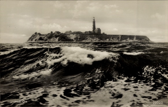 Postcard Insel Oie, general view, lighthouse