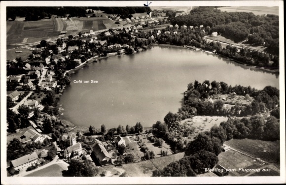 PC Wessling in Upper Bavaria, view of the town, aerial photo, cafe by the lake