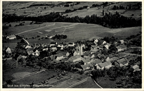 Postcard Ellhofen in Württemberg, aerial view of rural surroundings, church, houses