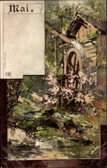 Artist Chromo-Litho Guggenberger, Allegory, May, Waterwheel, Spring, Watermill
