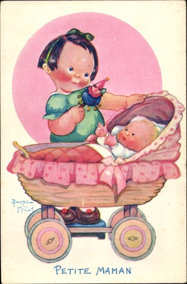 Artist Postcard Mallet, Beatrice, Petite Maman, girl with rattle, baby, stroller