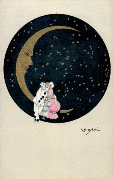 Artist Postcard Chiostri, lovers on the moon, starry sky