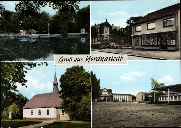 Ak Nordhastedt in Dithmarschen, kerk, waterpartij, woongebouw met winkel