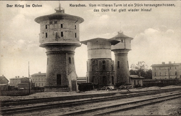 Postcard Korsze Korschen East Prussia, train station, water tower, war destruction I. WK