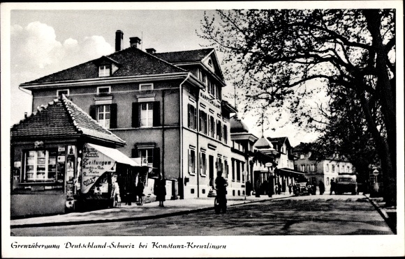 Postcard Kreuzlingen Constance on Lake Constance, border crossing to Switzerland, newspaper kiosk