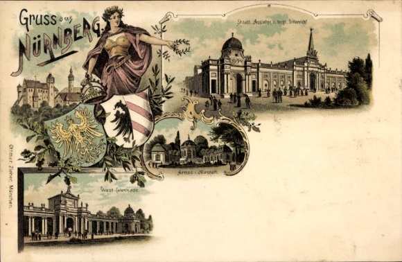 Herb lito Norymberga w środkowej Frankonii w Bawarii, Muzeum Wojska, widoki na miasto
