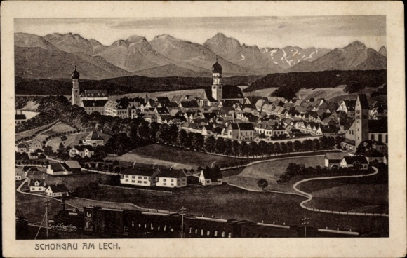 Ak Schongau am Lech Opper-Beieren, overzicht van Schongau, bergen op de achtergrond, nstil