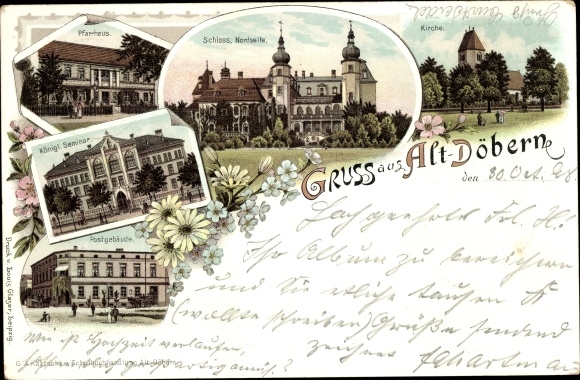 Chromo-Litho Altdöbern in Lower Lusatia, vicarage, castle, church, royal Seminary, Post Office