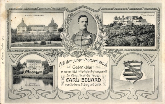 Coat of arms Postcard Coburg in Upper Franconia, portrait of Duke Carl Eduard, accession to power in 1905, fortress, castle