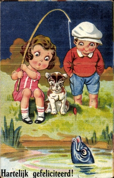 Ak Glückwunsch, Kinder beim Angeln, Fisch, Hund