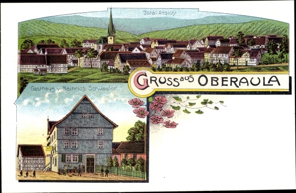 Chromo-Litho upper auditorium in the Schwalm Eder district, inn, total view